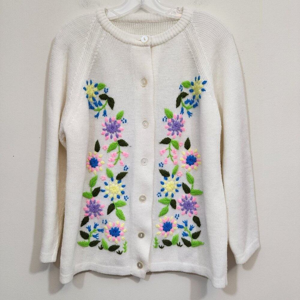 Vintage button front neon floral embroidered knit‎ cardigan woman's size large